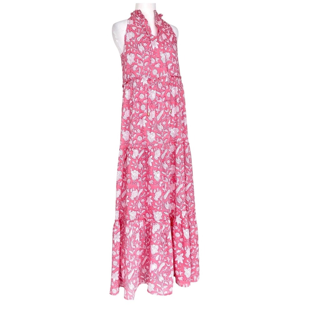 J.Marie‎ Size L Emilia Rose Pink Floral Block Print Sleeveless Tiered Maxi Dress